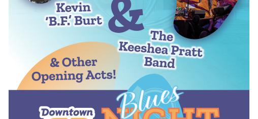 A graphic says Blues Night in the Park featuring Kevin BF Burt & The Keesha Pratt Band.