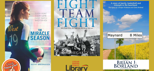 A graphic has an orange circle with a thumbs up that says "Check These Out," the library logo, and book covers: "The Miracle Season," "Fight Team Fight," and "Maynard 8 Miles."