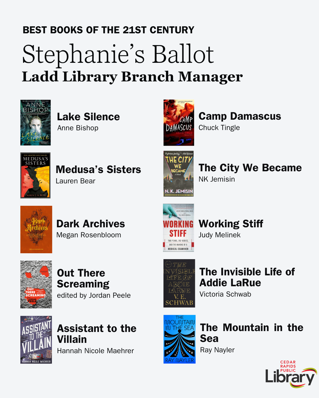 A graphic shows Branch Manager Stephanies's Ballot for Best Books of the 21st Century
