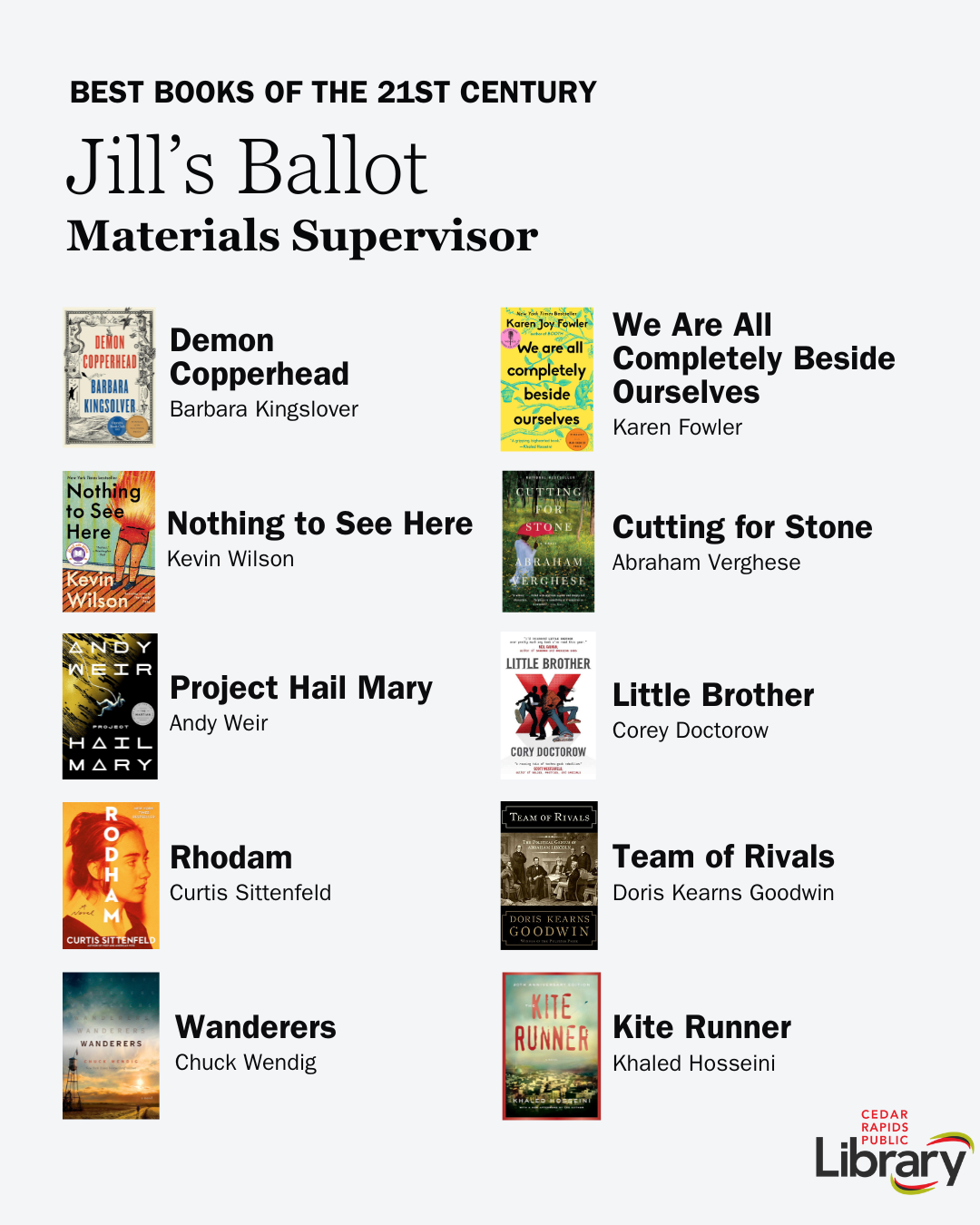 A graphic shows Materials Supervisor Jill's Ballot for Best Books of the 21st Century