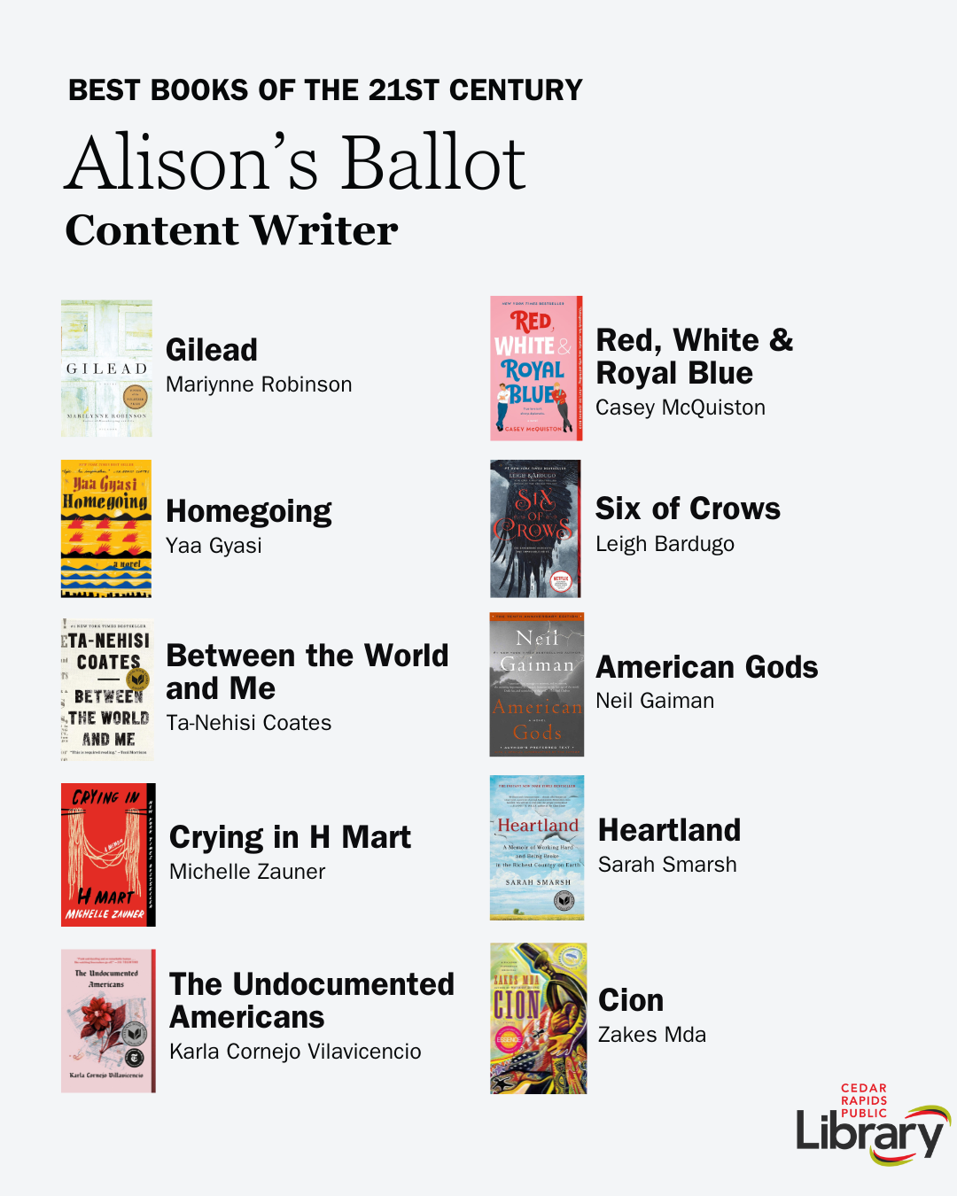 A graphic shows Content Writer Alison's Ballot for Best Books of the 21st Century
