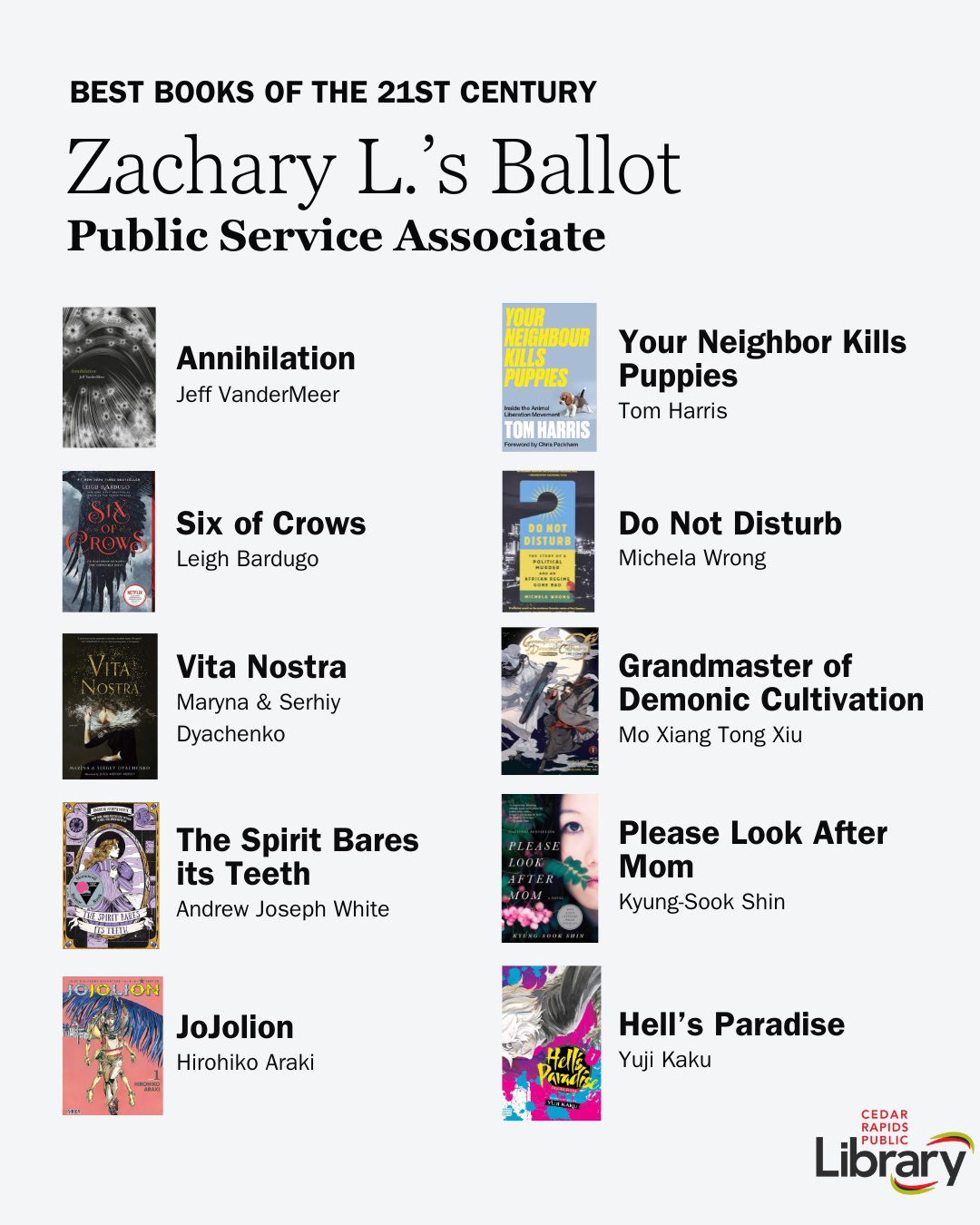 A graphic shows Public Service Associate Zachary's Ballot for Best Books of the 21st Century