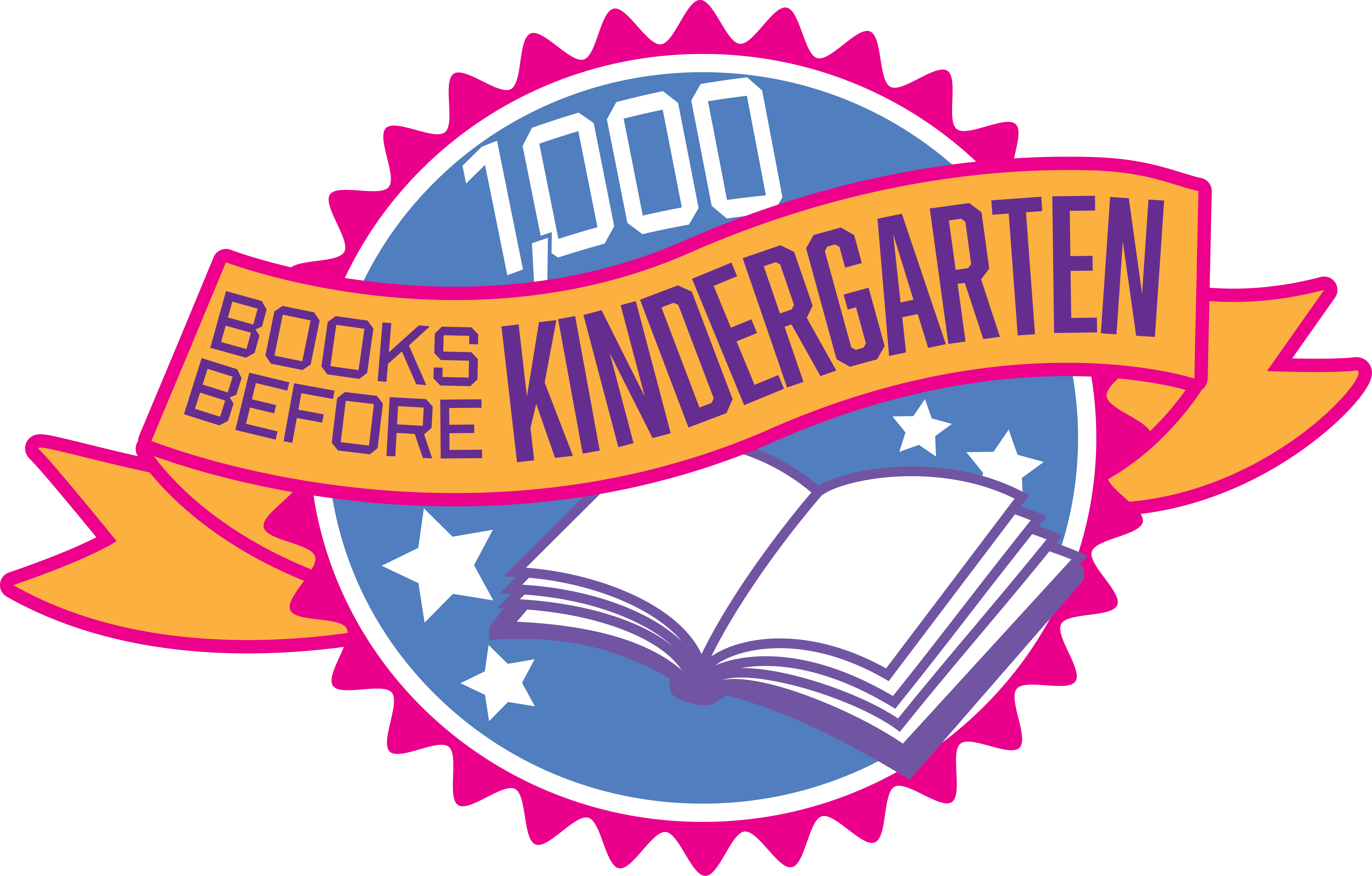 A logo says 1,000 Books Before Kindergarten on a banner with a book and stars.