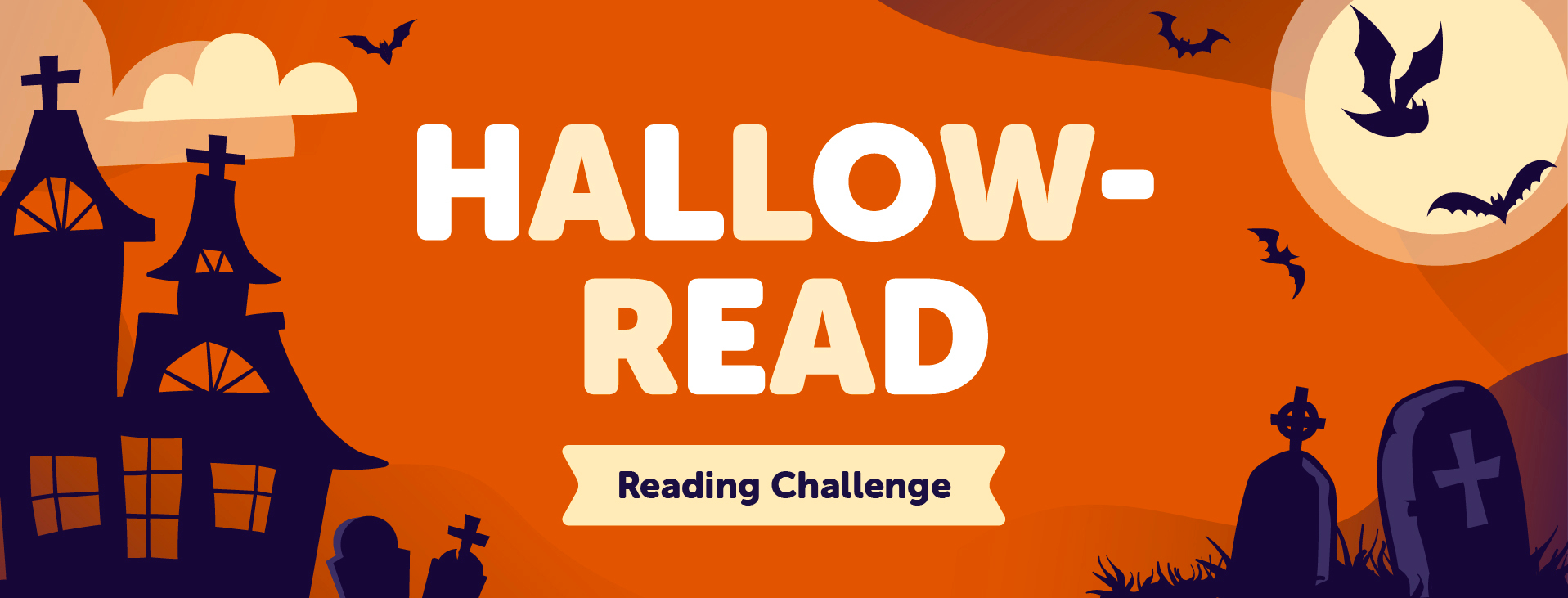 A graphic says "Hallow-Read" with a haunted house, bats, and headstones.