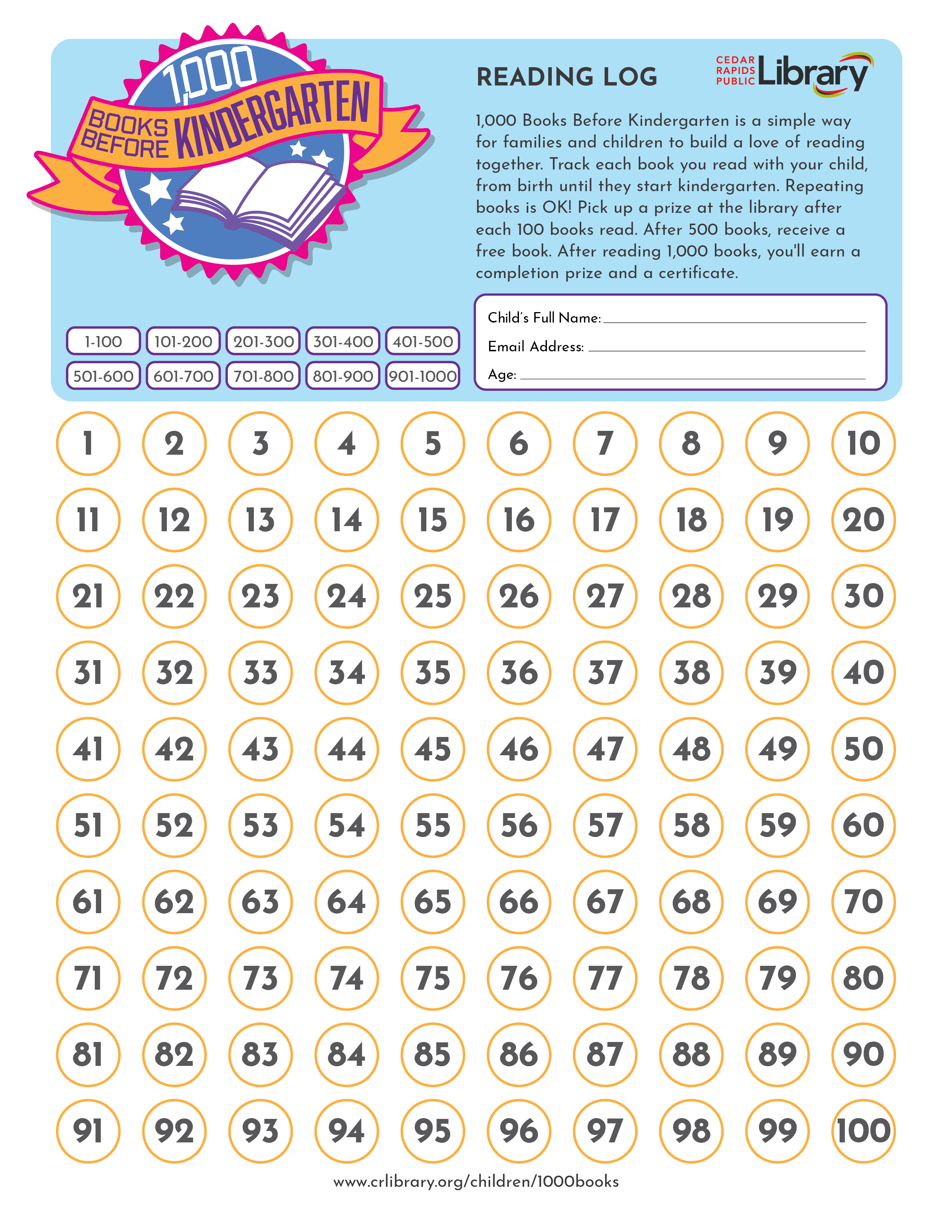 A graphic has 100 circles on a reading log with a logo for 1,000 Books Before Kindergarten.