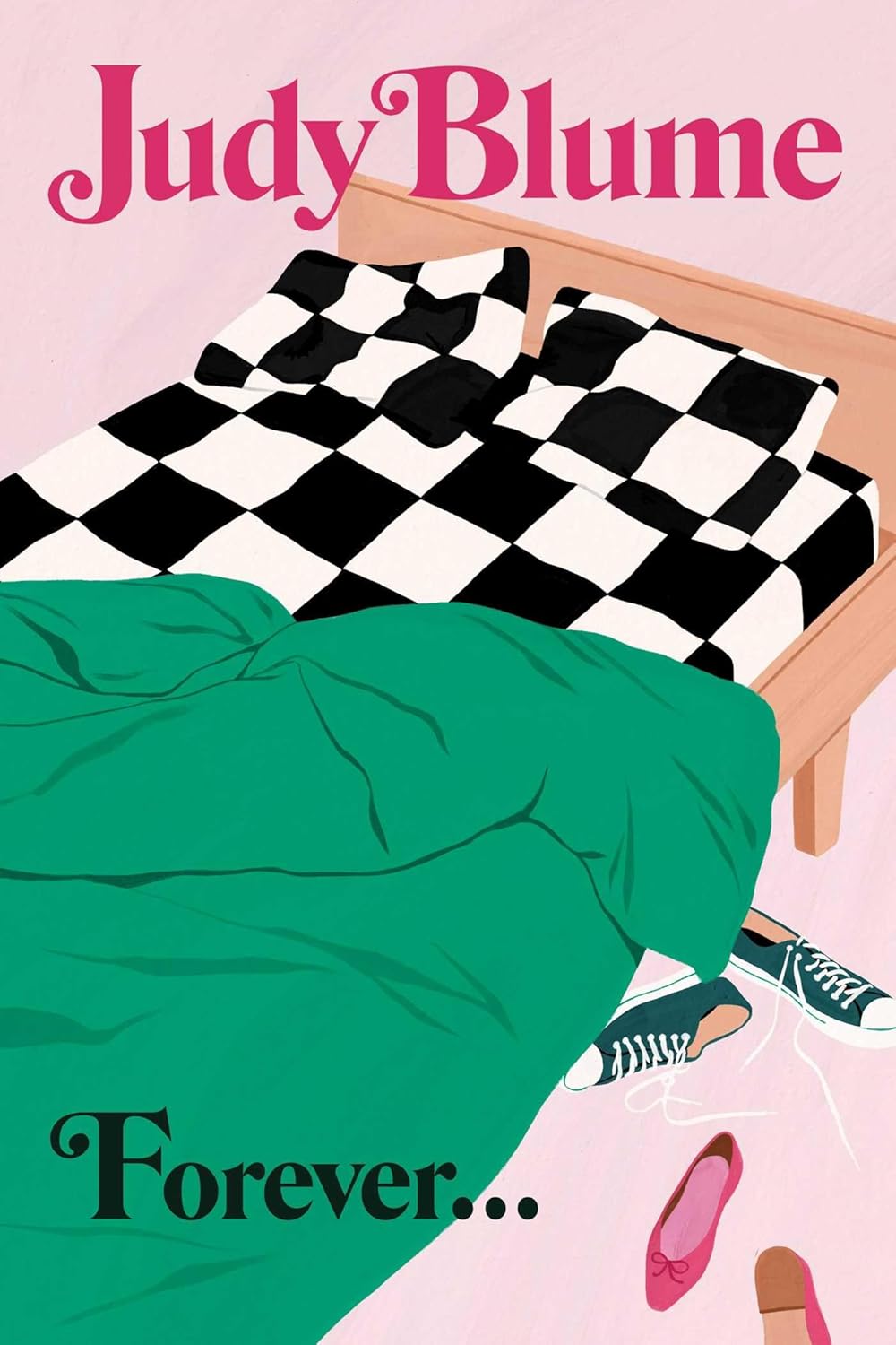 A book cover says "Forever" by Judy Blume and shows a bed with shoes next to it.