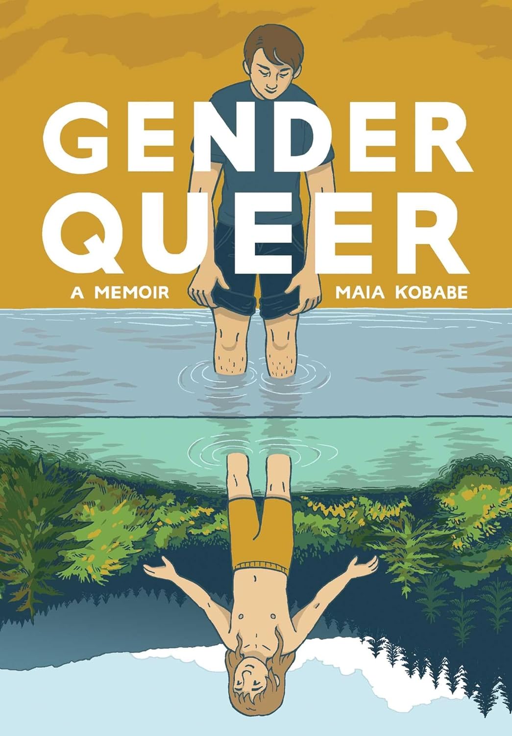 A book cover says "Gender Queer: A Memoir" and shows a person looking into water at a different version of their reflection.