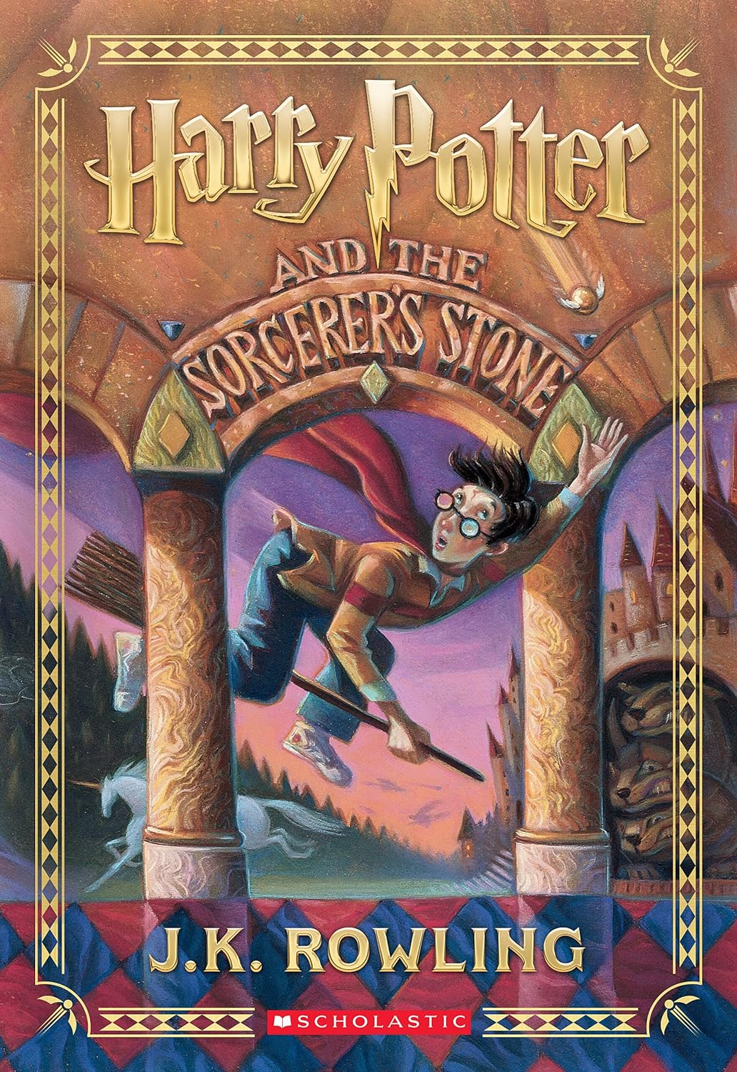 A book cover says "Harry Potter and the Sorcerer's Stone" by J.K. Rowling and shows a boy flying on a broomstick.