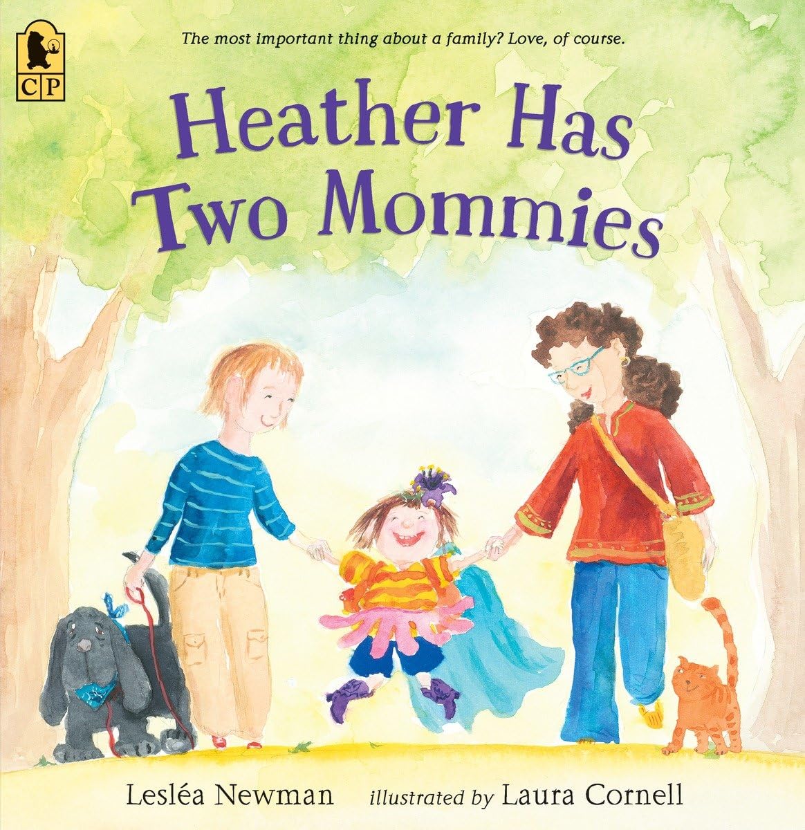 A book cover says "Heather Has Two Mommies" and shows a girl holding hands with two women.