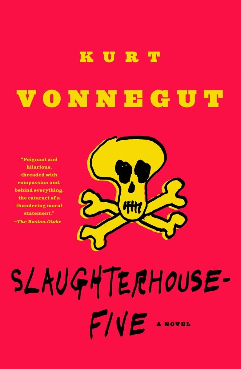 A book cover says "Slaughterhouse Five" and shows a skull and crossbones on a red background.