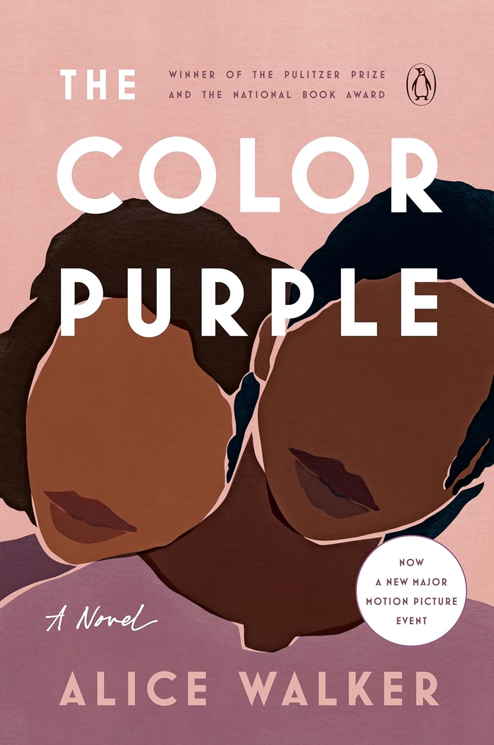 A book cover says "The Color Purple" by Alice Walker and shows the faces of two Black women.