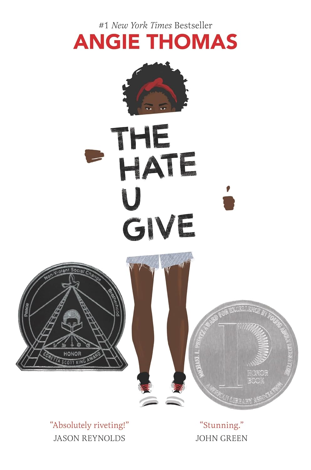 A book cover says "The Hate U Give" by Angie Thomas and shows a Black girl holding a sign.