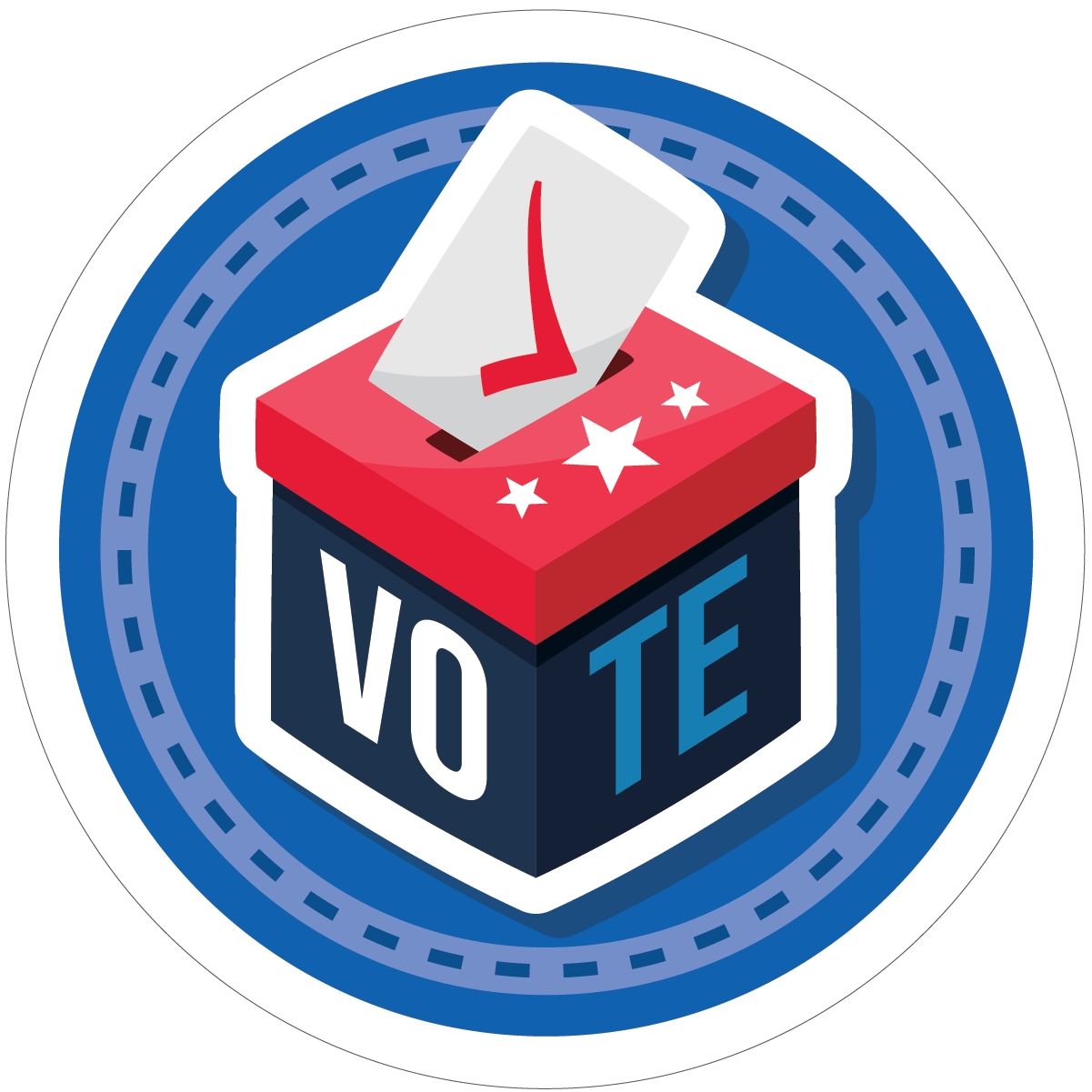 A graphic has a blue circle with a ballot box that says "Vote".