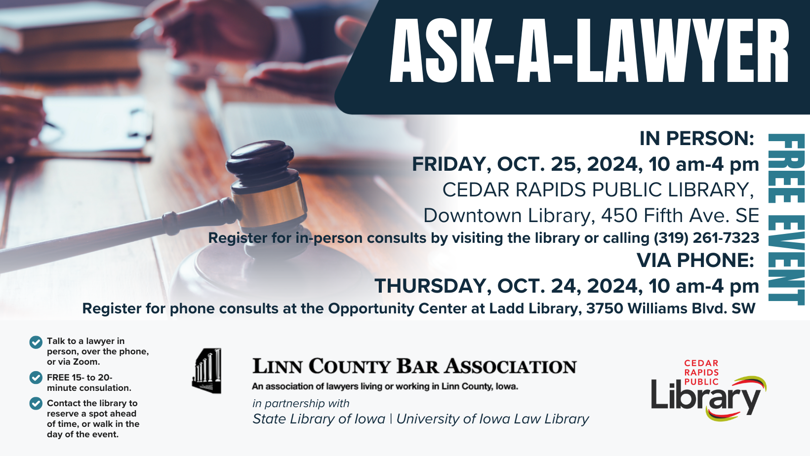 A graphic says "Ask-A-Lawyer" with hands of people talking at a desk and a judge's gavel.