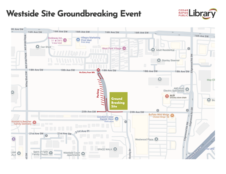 A map shows roads and arrows indicating parking for the Westside Groundbreaking.