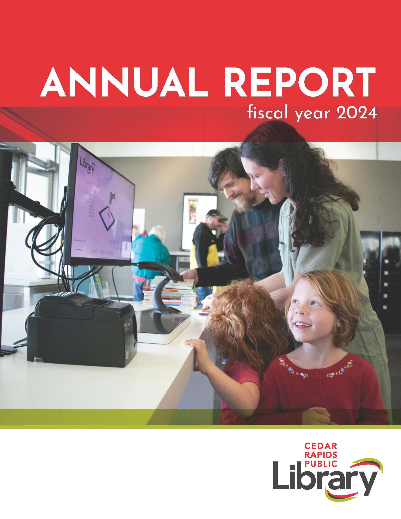 Cover image of the 2024 Annual Report featuring a family of four checking out books in the Ladd Library