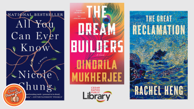 A graphic has an orange circle with a thumbs up that says "Check These Out," the library logo, and three book covers: "All You Can Ever Know," "The Dream Builders," and "The Great Reclamation."