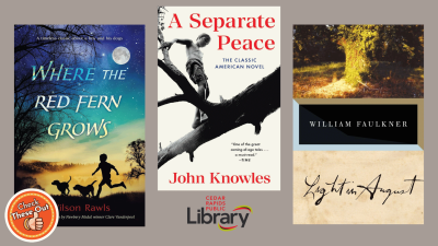 A graphic has an orange circle with a thumbs up that says "Check These Out," the library logo, and three book covers: "Where the Red Fern Grows," "A Separate Peace," and "Light in August."