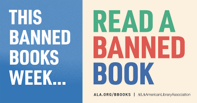 A graphic says "This Banned Books Week Read a Banned Book" over a blue and cream background.