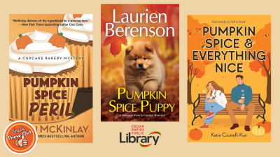 A graphic says "Check These Out" with book covers for "Pumpkin Spice Peril," "Pumpkin Spice Puppy" and "Pumpkin Spice & Everything Nice."