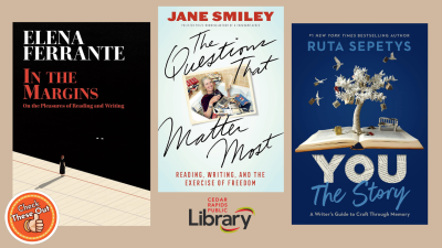 A graphic has an orange circle with a thumbs up that says "Check These Out," the library logo, and three book covers: "In the Margins," "The Questions that Matter," and "You the Story."