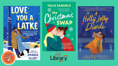 A graphic has an orange circle with a thumbs up that says "Check These Out," the library logo, and three book covers: "Love You A Latke," "The Christmas Swap," and "A Holly Jolly Diwali."