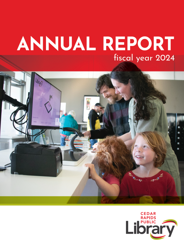 A family smiles and checks out books under a graphic that says "Annual Report fiscal year 2024."