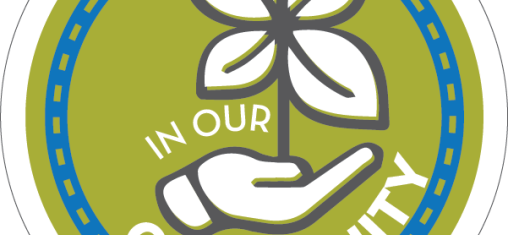 A graphic is a green circle with a hand holding a plant and the words "In our community."