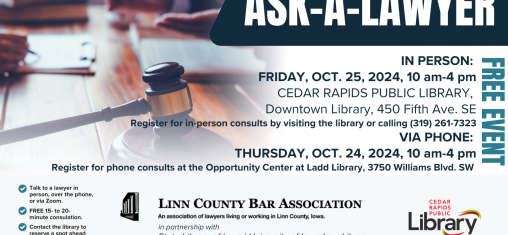 A graphic says "Ask-A-Lawyer" with hands of people talking at a desk and a judge's gavel.