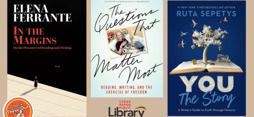 A graphic has an orange circle with a thumbs up that says "Check These Out," the library logo, and three book covers: "In the Margins," "The Questions that Matter," and "You the Story."