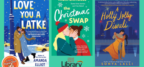 A graphic has an orange circle with a thumbs up that says "Check These Out," the library logo, and three book covers: "Love You A Latke," "The Christmas Swap," and "A Holly Jolly Diwali."