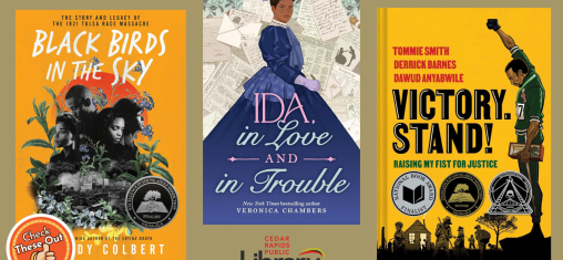 A graphic has an orange circle with a thumbs up that says "Check These Out," the library logo, and three book covers: "Black Birds in the Sky," "Ida in Love and in Trouble" and "Victory. Stand!"