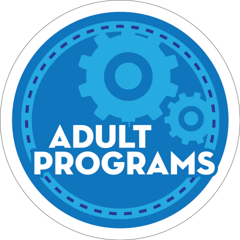 Blue adult programs logo with gears