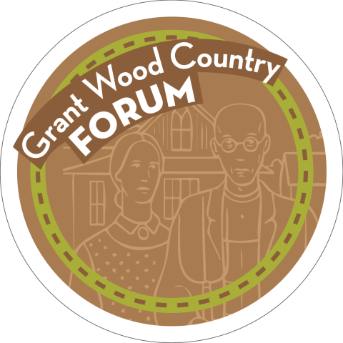 Brown Grant Wood County Forum Icon with line art American Gothic image