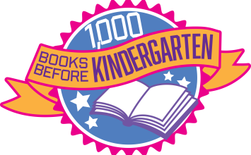 A logo says 1,000 Books Before Kindergarten on a banner with a book and stars.